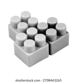 Ilustración de medio tono de piezas de bloques de construcción de plástico que se asemejan a ladrillos de construcción de juguetes, estilo gráfico mínimo en blanco y negro aislado sobre fondo blanco.