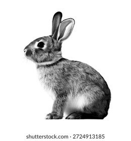 Halbtongrafik eines Kaninchens, einzeln auf weißem Hintergrund. Tier- und Naturkonzept für Tierwelt, Tierpflege, Osterthema, Unschuld und minimalistisches Dekorationsdesign.