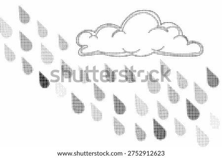 halftone illustration of rain cloud with falling raindrops on white background