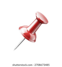Halftone illustration of a red push pin with metallic needle isolated on white background.