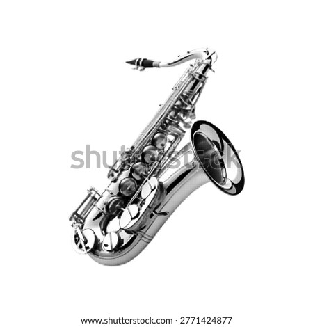 Halftone illustration of saxophone, retro dotted shading style, monochrome jazz instrument isolated on light background.
