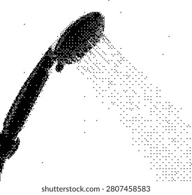 Halftone illustration of a shower head with water spraying, representing bathroom fixtures and personal hygiene.