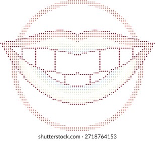 Ilustración de semitono de labios y dientes sonrientes hechos de puntos multicolores sobre fondo blanco