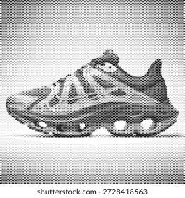 Halftone-Illustration eines Sneakers, perfekt für Sportbekleidung, Laufveranstaltungen und Sportschuhwerbung.