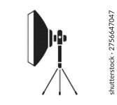 Halftone illustration of studio softbox light on tripod. Black and white dotted photography equipment isolated on white background.