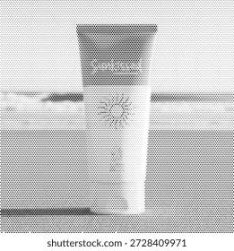 Ilustración de medio tono de un tubo de protector solar, que representa la seguridad solar, la rutina de cuidado de la piel, productos de belleza y artículos esenciales para viajes de verano. Perfecto para clínicas de dermatología, marketing de resorts de playa y promociones de marcas de cuidado de la piel.