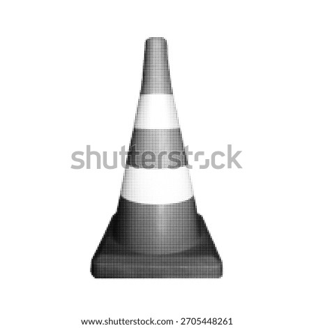 Halftone illustration of a traffic cone with striped design. Minimal monochrome safety symbol for roadwork, caution signage, construction graphics, and warning concepts.