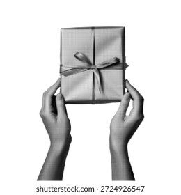 Ilustración de medio tono de dos manos sosteniendo una caja de regalo envuelta aislada sobre fondo blanco. Concepto de regalos y celebración para regalos, sorpresas, generosidad, fiestas y ocasiones especiales.