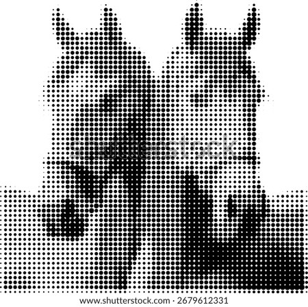 Halftone illustration of two horses looking in the same direction, symbol of the year 2026, black and white dotted style, retro pop art effect, isolated on white background, vector