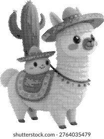 Halftone illustration of two llamas wearing cowboy hats standing side by side