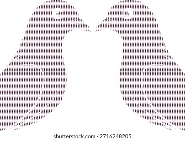 Ilustración de medio tono de dos palomas enfrentadas en puntos rosados sobre fondo blanco