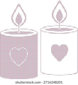 halftone illustration of two red candles with heart shapes on white background