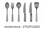 Halftone illustration of various utensils including spoons forks and knives