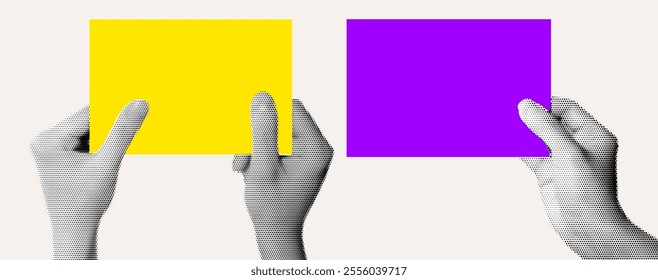 Halftone image of hands holding paper. Pop art retro style illustration