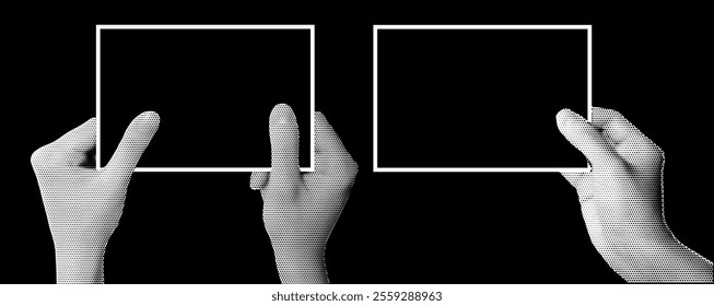 Halftone image of hands holding paper. Pop art retro style illustration