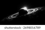 Halftone image of planet Saturn with rings, a celestial body in black and white stipple art for scientific illustration or space background.