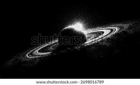 Halftone image of planet Saturn with rings, a celestial body in black and white stipple art for scientific illustration or space background.