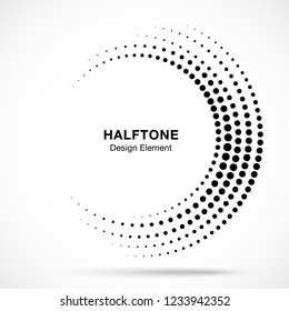 

Halftone incomplete circle frame dots logo isolated on white background. Circular part design element for treatment, technology. Half round border Icon using halftone circle dots texture. Vector