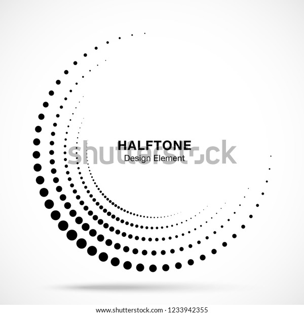 \
Halftone incomplete circle frame dots logo\
isolated on white background. Circular part design element for\
treatment, technology. Half round border Icon using halftone circle\
dots texture.\
Vector
