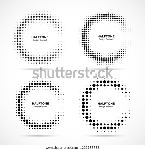 Halftone incomplete circle frame dots logo set
isolated on white background. Circular part design element for
treatment, technology. Half round border Icon using halftone circle
dots texture. Vector