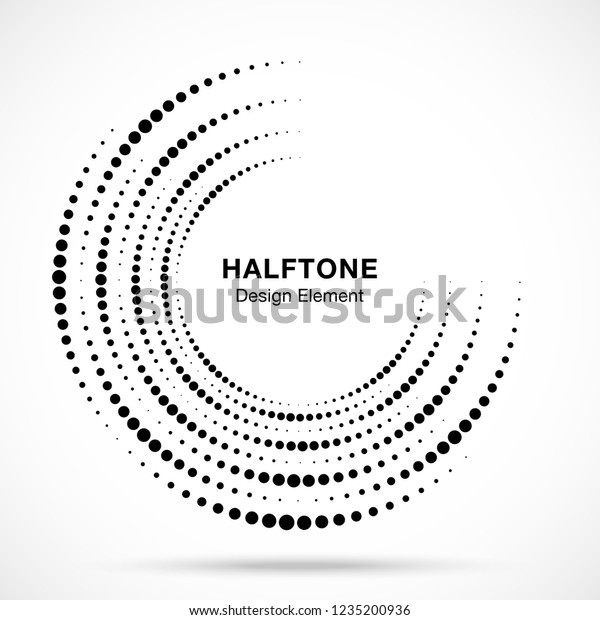  Halftone incomplete circle frame dots logo
isolated on white background. Circular part design element for
treatment, technology. Half round border Icon using halftone circle
dots texture. Vector
