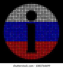 Halftone Info icon colored in Russian state flag colors on a dark background. Vector composition of info icon composed from round elements. Designed for political and Russian patriotic posters.