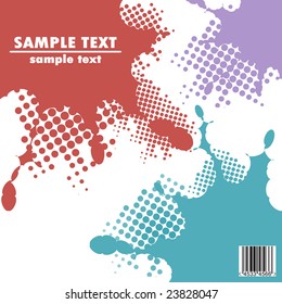 Halftone ink blobs of different colors with barcode, space for text. Original flyer cover. Set of ink blots and halftones patterns in turquoise red and violet colours.