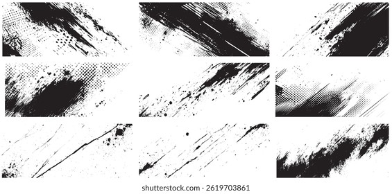 Halftone Ink Brush Stroke and Splatter Texture Set, Grunge Comic Style Overlays