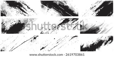 Halftone Ink Brush Stroke and Splatter Texture Set, Grunge Comic Style Overlays