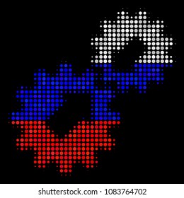 Halftone Integration pictogram colored in Russian official flag colors on a dark background. Vector concept of integration icon composed with round blots.