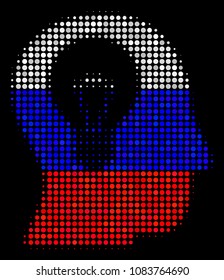 Halftone Intellect Bulb icon colored in Russian state flag colors on a dark background. Vector concept of intellect bulb icon done from round elements.