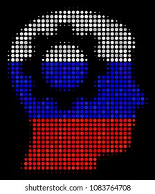Halftone Intellect Gear pictogram colored in Russian official flag colors on a dark background. Vector pattern of intellect gear icon combined of round pixels.
