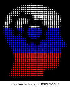 Halftone Intellect Gears icon colored in Russian state flag colors on a dark background. Vector composition of intellect gears icon formed with spheric pixels.