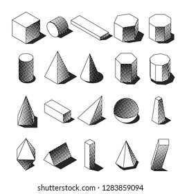 Halftone isometric geomtric shapes. Dotted memphis objects. Simple black and white icons. Vector illustration.