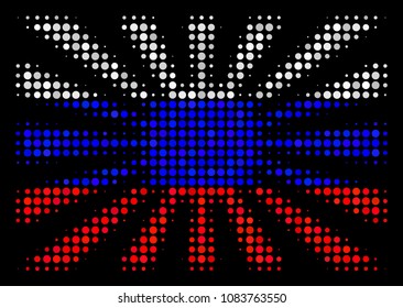 Halftone Japanese Rising Sun icon colored in Russia state flag colors on a dark background. Vector mosaic of japanese rising sun icon composed from round pixels.