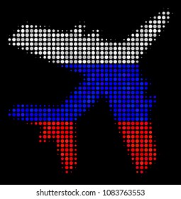 Halftone Jet Plane icon colored in Russian state flag colors on a dark background. Vector collage of jet plane icon organized from round pixels. Designed for political and Russian patriotic promotion.