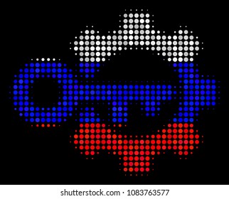 Halftone Key Options pictogram colored in Russia official flag colors on a dark background. Vector composition of key options icon constructed with round dots.