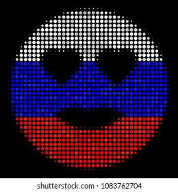 Halftone Lady Love Smiley pictogram colored in Russian state flag colors on a dark background. Vector mosaic of lady love smiley icon organized with round spots.