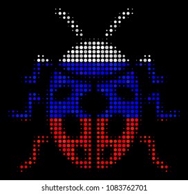 Halftone Ladybird Bug icon colored in Russian state flag colors on a dark background. Vector collage of ladybird bug icon made from round blots. Designed for political and Russian patriotic agitprop.