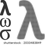 Halftone Lambda Greek lowercase letter. Dotted Lambda Greek lowercase letter designed with small round pixels. Vector illustration of Lambda Greek lowercase letter icon on a white background.