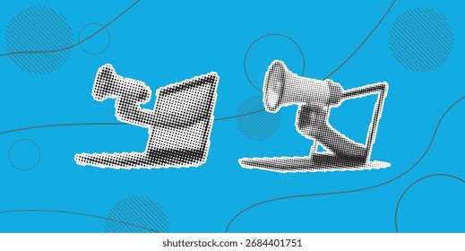 Ilustración de portátil de medio tono. Incluye tecnología y comunicación sobre un fondo azul. Ilustración vectorial.