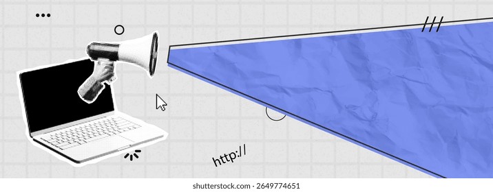 Portátil de semitono con forma de megáfono y azul — Gráfico de anuncio en línea Abstractas