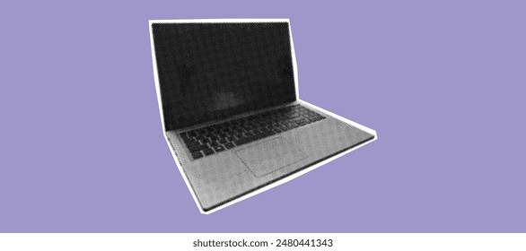 Halftone laptop on transparent background. Collage element.