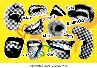 Halftone laughing lips set with grunge elements. Collage mouth collection for banner, poster, colage. Vector offset Texture elements pack