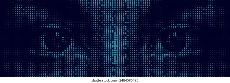 Patrón de código binario de letras de semitonos formando un par de ojos. Los símbolos del lenguaje de codificación forman una forma humana. Tecnología de inteligencia artificial de fondo futurista.