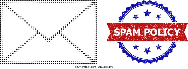 Icono de sobre de letra de semitono y sello de directiva de correo basura de color gris bicolor. El icono del sobre de la letra semitono se hace con pequeños puntos de círculo. Sello vectorial con un estilo bibicoloroso granulado,