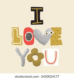 Halftone lettering I love you. Happy valentine's day greeting card.