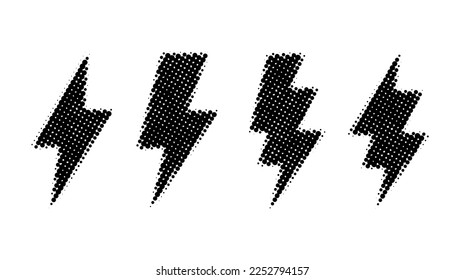 Halftone lightning bolt set. Black grunge thunderbolt collection. Textured flash symbols. Comic lightning strike signs. Vector 