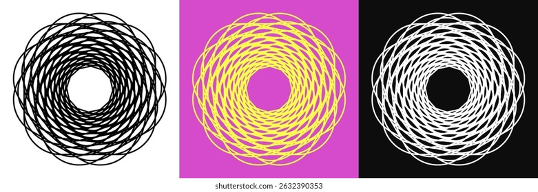 Halftone lines in circle dotted spiral frame. Modern abstract shapes. Waves in circle frame. Spiral black form on black and white background - vector