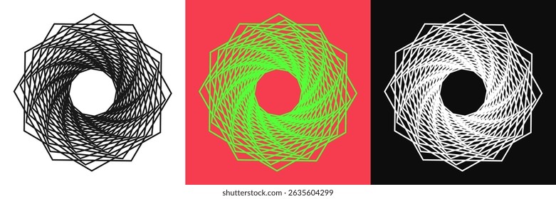 Halbtonlinien im Kreisrahmen. Moderne abstrakte Formen. Wellen im Kreisrahmen. Spiralförmige schwarze Form auf schwarz-weißem Hintergrund - für Stock
